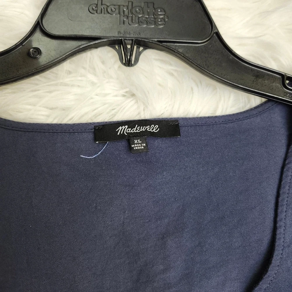 Madewell Women's Blue Button Front Drapeweave puff sleeve XL peplum top Coastal